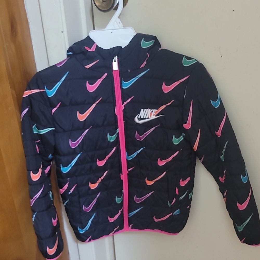 Nike Black and Pink Puffer Jacket with Hood